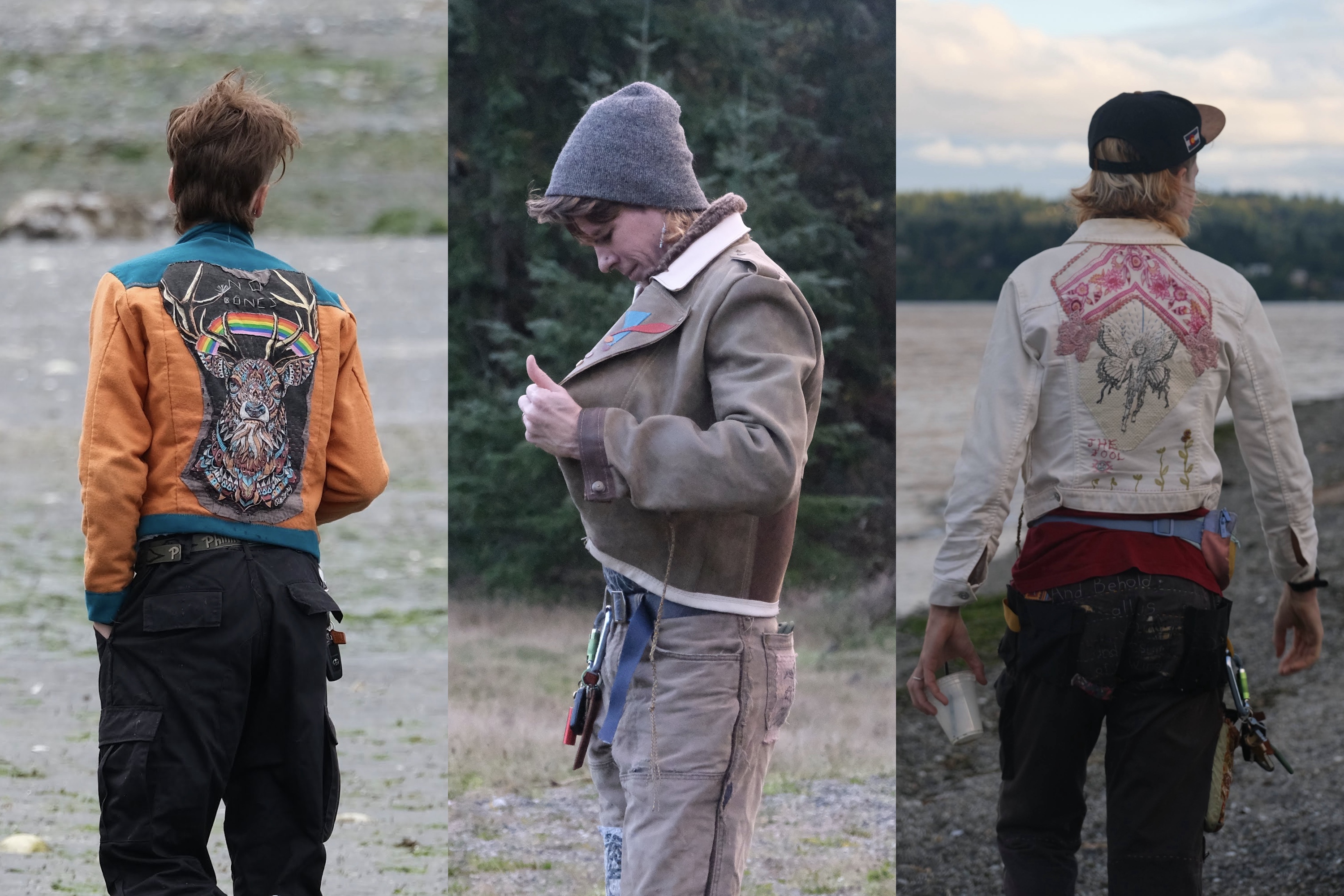 a triptych of photos of the artist wearing jackets of her own creation. the first jacket is orange and teal wool with a stag graphic appliqued onto the back panel. the second jacket is a woody green leather jacket with fur collar accent, snap epaulettes, and a front lapel detail created from colorful angular leather scraps. the third is a white denim jacket with a central linocut patch stitched in place with intricate topwork and embroidery. pink silk accents, flower details, and direct print work frame the central piece.