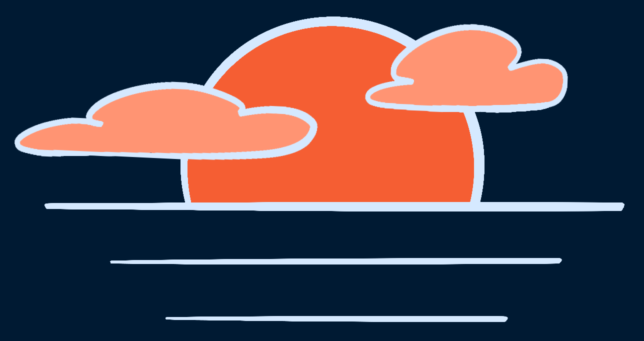 Linework icon depicting a sunrise or sunset with two clouds, in a blue and orange color scheme