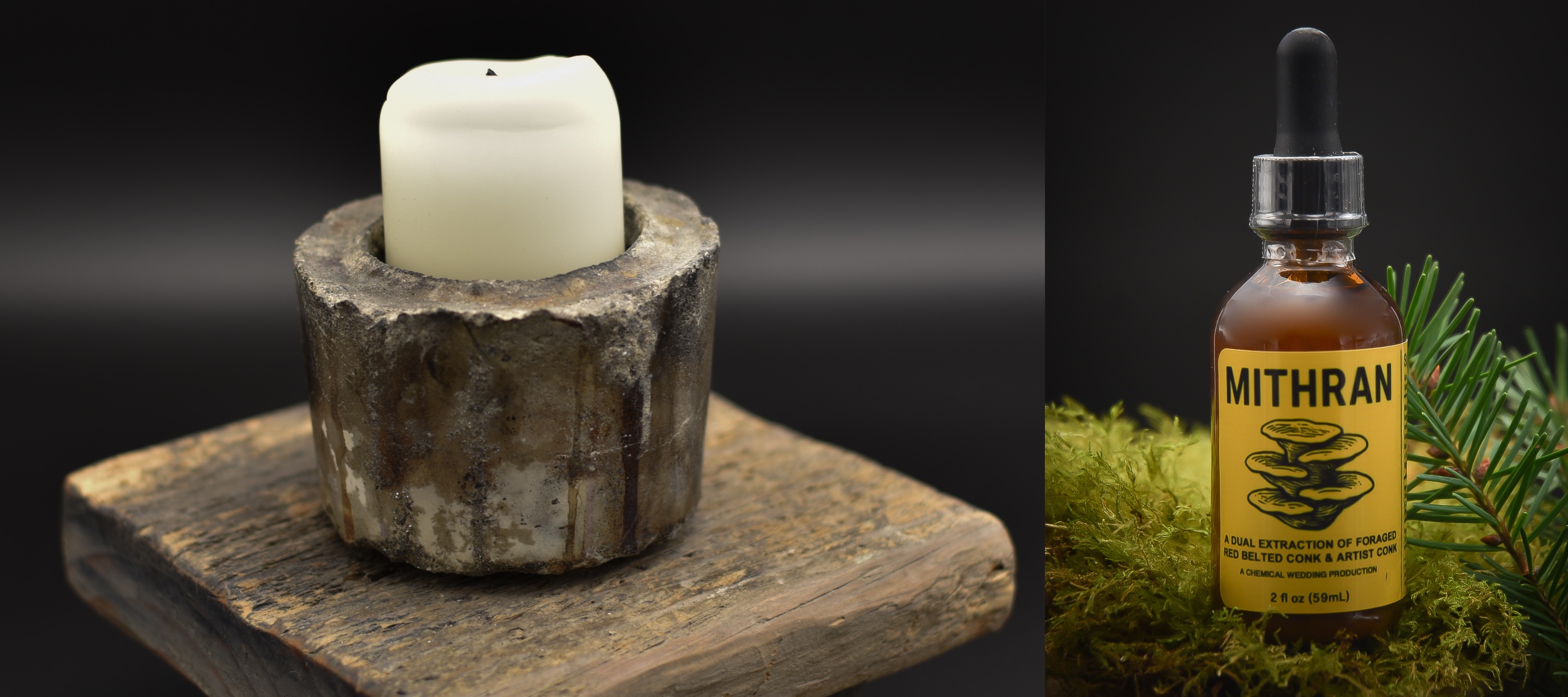 2 image collage showing a cast concrete votive candle holder with candle, and a bottle of a tincture made from foraged red belted conk and artist conk mushrooms.