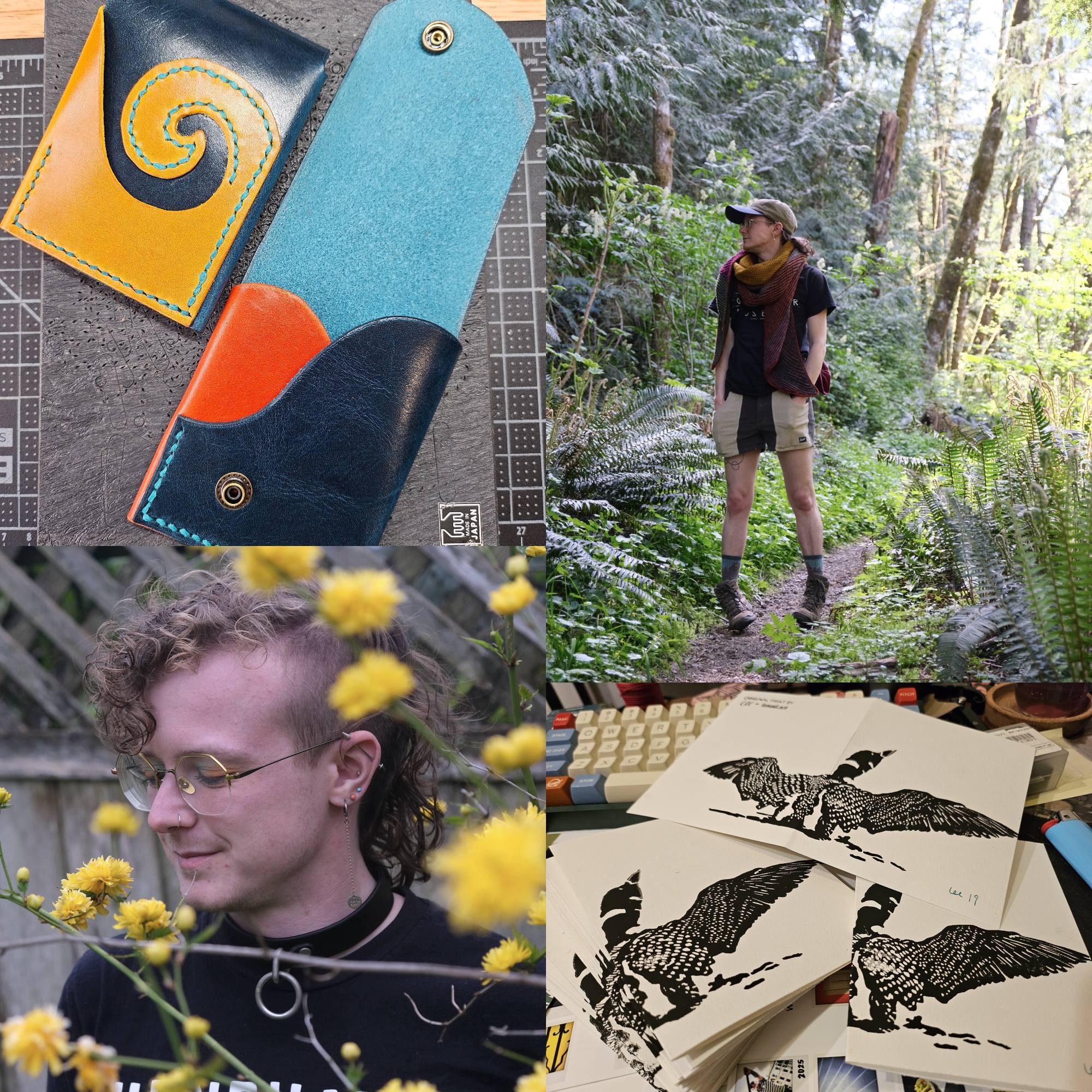 a four picture collage. two pictures show lee, a white person with curly hair and glasses; in one picture, wearing a colorful knit shawl. the other two frames show lee's work: 1, two leather card wallets with an elegant swoop on the back in vivid colors of leather; 2, a pile of greeting cards with a block-printed loon spread across front and back of the cards.