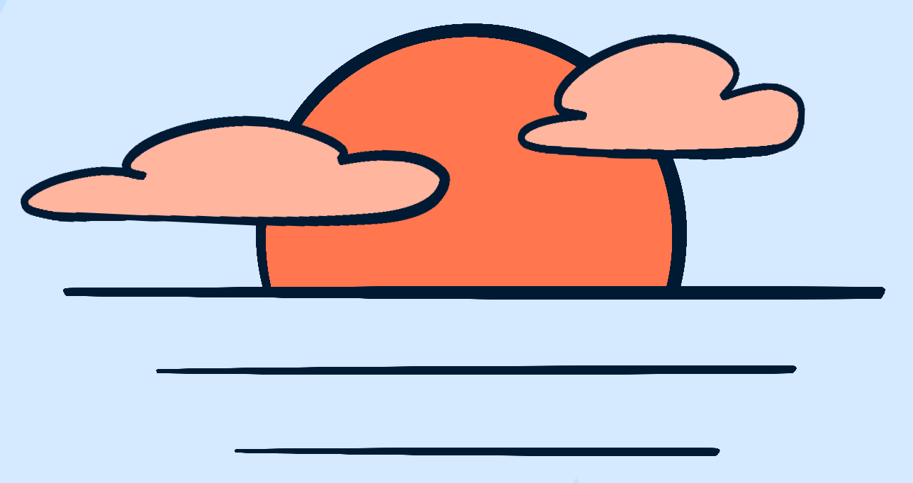Linework icon depicting a sunrise or sunset with two clouds, in a blue and orange color scheme
