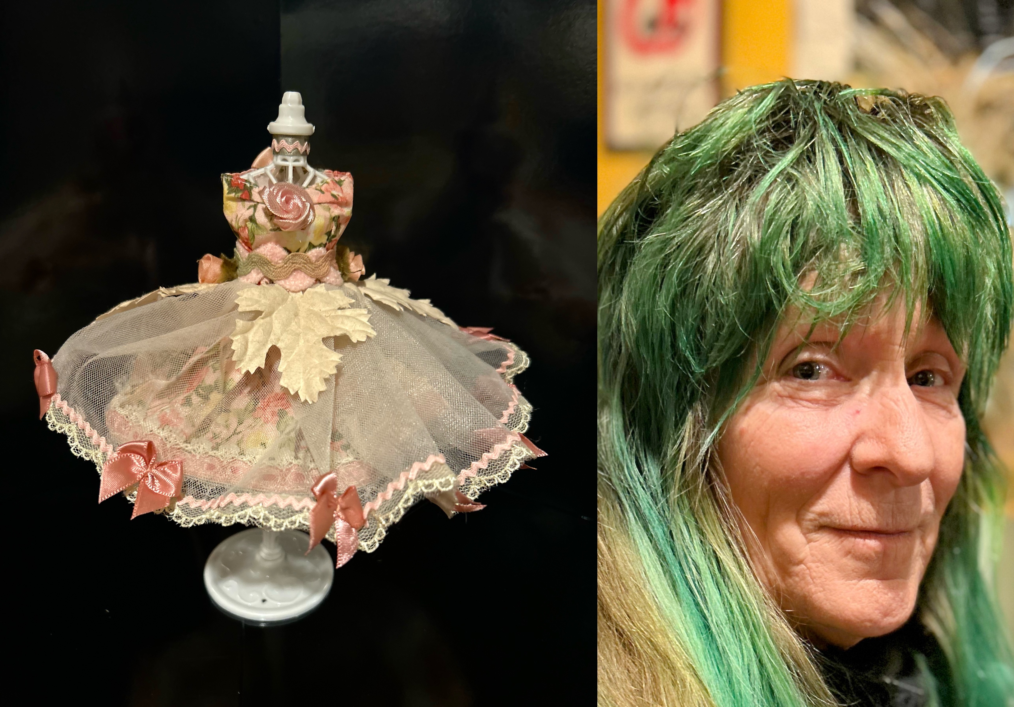 a 2 picture collage. the first shows a miniature dress with white lace, pink bows and rosettes, and tiny maple leaves. the second shows mags, the artist, a white person with shaggy green hair, smiling slightly.