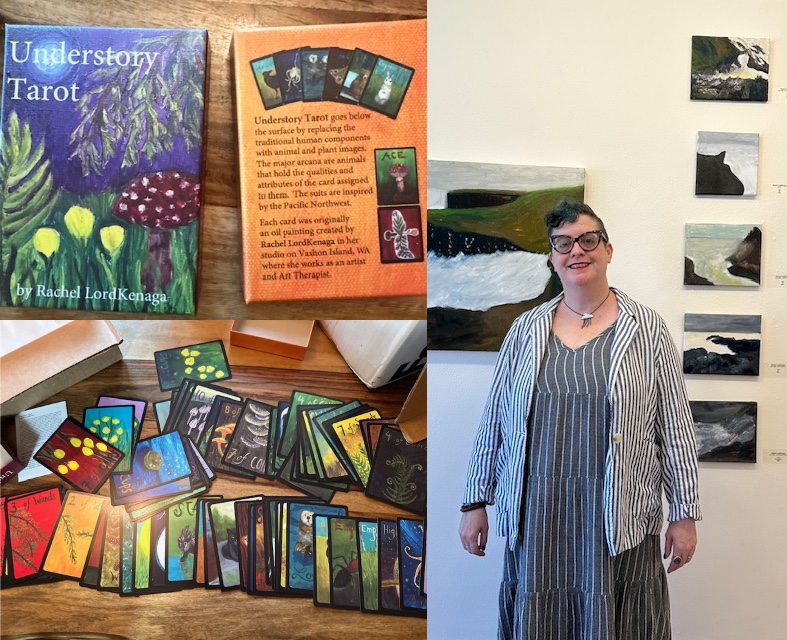 a 3 picture collage. 2 pictures show the case and cards of a tarot deck created by Rachel. The third shows Rachel, a white person with turquoise hair, cat eye glasses, and contrasting striped jacket and dress, standing in front of paintings of shorelines.